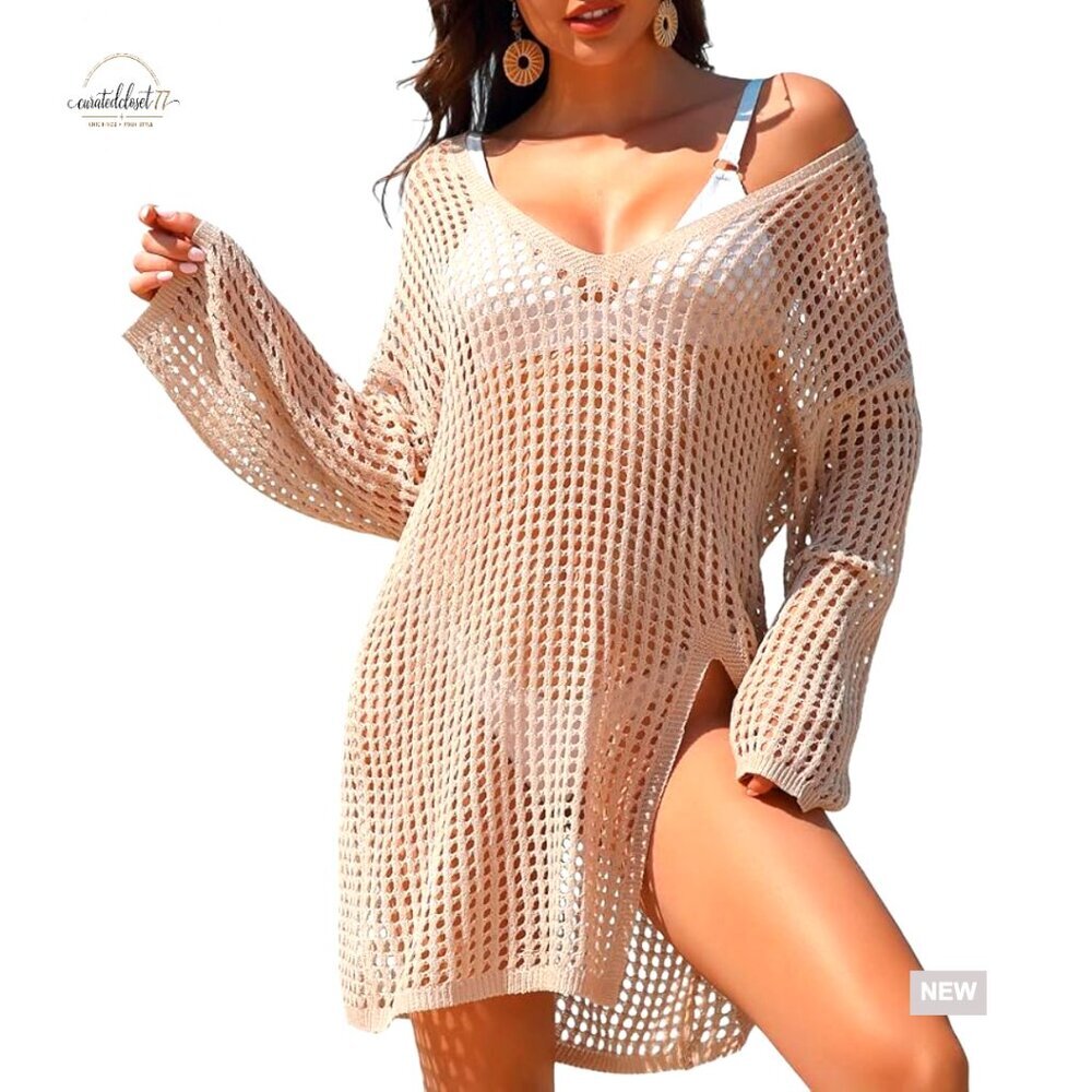 Large Crochet Long Sleeve Swimsuit Coverup Loose Fit Beach Dress
